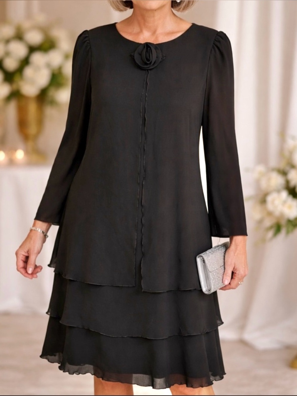 NWT Vintage Patra Tiered Black Chiffon Special Occasion Cocktail Dress, 14